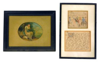 19thC School. Study of a lady seated beside dog, oil, unsigned, 10.5cm x 14cm, together with a Medie