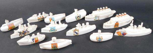 A collection of crested china World War One Period Battleships and Submarines, to include Carlton Ch