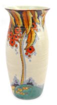A Crown Devon Fieldings pottery vase, of ribbed cylindrical form, with flared neck, tube line decora