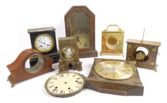 Various clock cases, parts, etc., to include a Victorian black slate mantel clock, circular white en