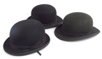 Three black felt bowler hats, for Moss Brothers and Co, Moores and Sons Ltd, and The W Make, differi