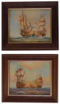 J Harvey (20thC School). Naval Man 'O' War in engagement, oil on canvas, pair, signed, 19cm x 25cm.