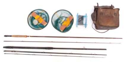 A collection of fishing tackle, to include a Farlow's Hold Fast two piece rod, another, a leather ta
