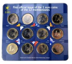 A First Official Issue of the Euro coin set, comprising twelve Euro coins from differing European co