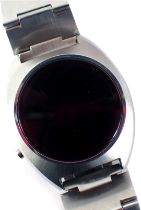 A Pierre Bideau LED men's 1970s wristwatch, with LED dial and red LED clock face, on a stainless ste