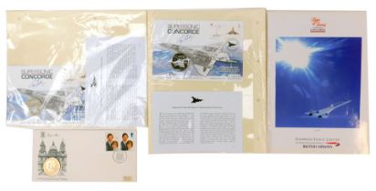 Two Concorde Supersonic Medallic first day covers, together with a printed brochure, and also a Roya