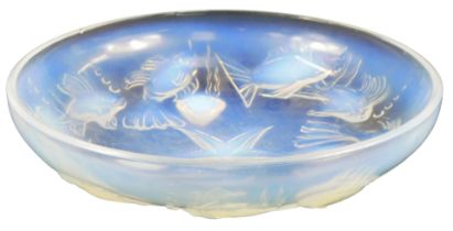 A 1920s/1930s French iridescent glass bowl, in the manner of Lalique, decorated with fish, starfish,