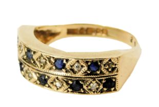 A half hoop dress ring, of two bar design, set with diamond and sapphire, yellow metal with rubbed h