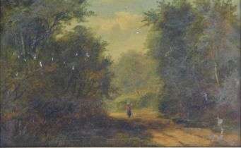 19thC School. Figure walking on country path midst woodland, initialled V M D?, oil on canvas, paper