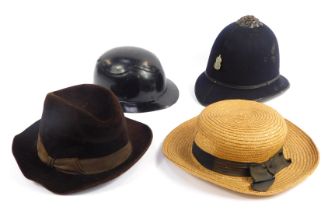 A group of hats, comprising a Police hat with ARP badge, straw boater, a GA Dunn and Co brown felt h