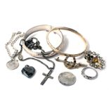 A group of assorted costume and other jewellery, comprising a hinged bangle, with half etched floral