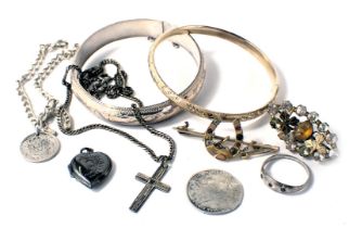 A group of assorted costume and other jewellery, comprising a hinged bangle, with half etched floral