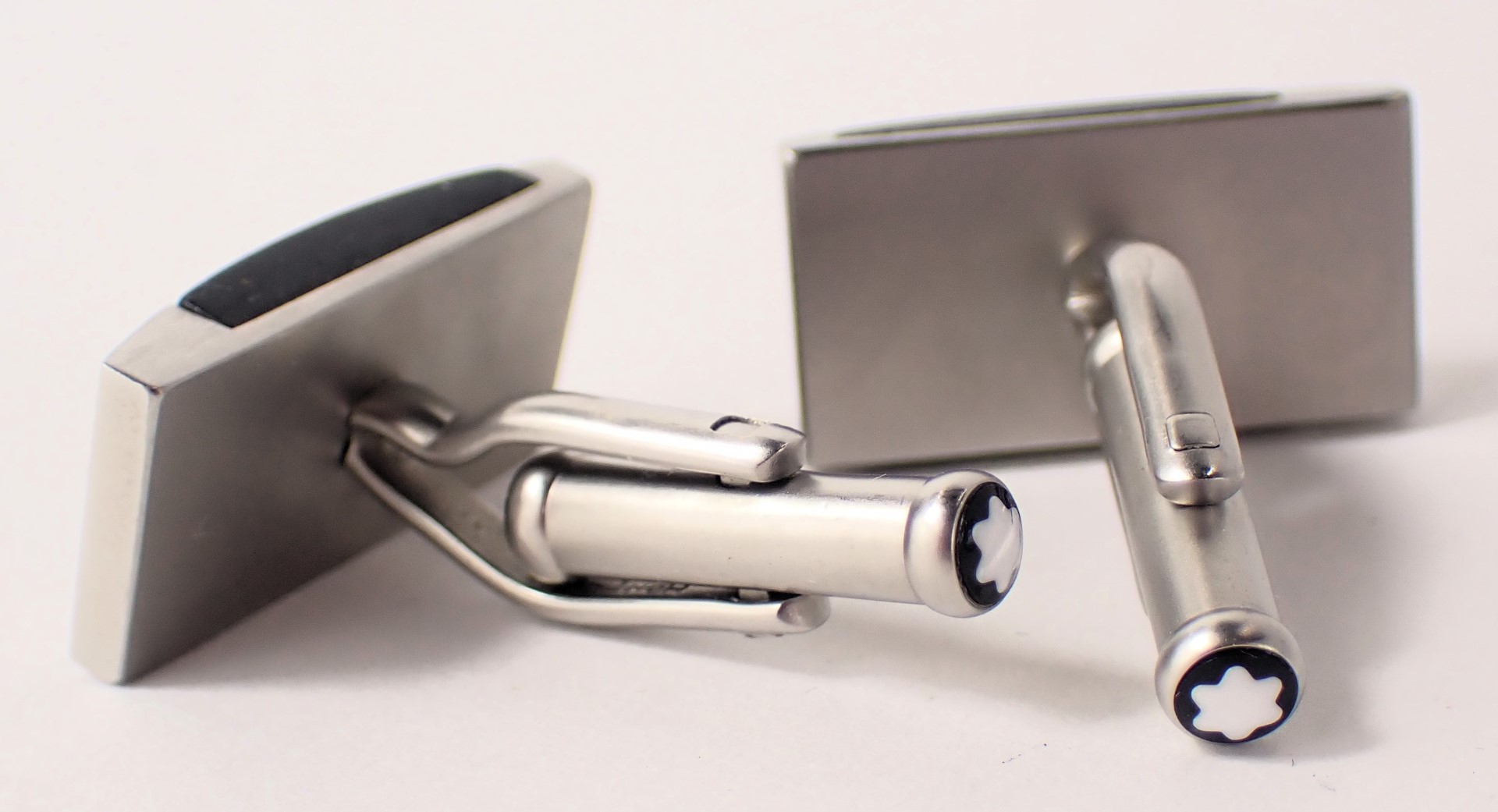 A pair of Mont Blanc gentleman's cufflinks, each with a rubber black design, on stainless steel back - Image 2 of 3