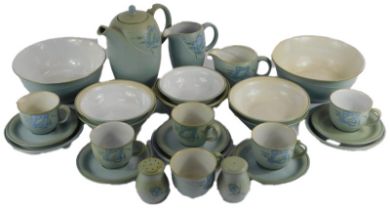 A Denby stoneware part tea and dinner service decorated in the Mandarin pattern, comprising teapot,