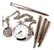 An Ingersol Triumph pocket watch, four plated and stainless steel pencil cases, a silver shield fob