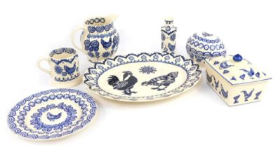 A group of Emma Bridgewater pottery decorated in the blue and white Hen pattern, comprising 1 1/2 pi