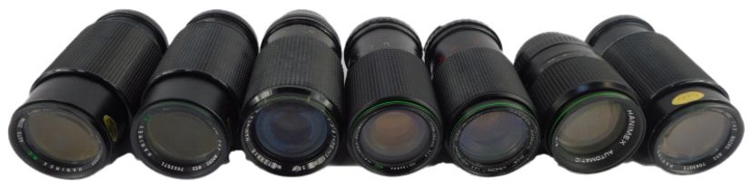 A collection of Hanimex camera lenses, to include macros, automatic zooms, etc. (7)