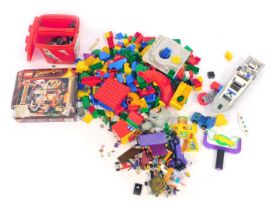 Lego and Lego Duplo bricks, comprising a box of Lego Duplo and animals, a box of Lego Indiana Jones,