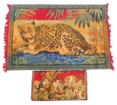 A Middle Eastern wall hanging, depicting crouching leopard, 120cm wide, and another depicting kitten