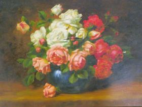 E Schulze. Floral still life, oil on canvas, signed, 49cm x 66cm. (AF)