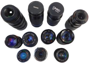 A quantity of camera lenses, various makers to include Yashika, Sirius, Canon, Tokina, etc. (11)