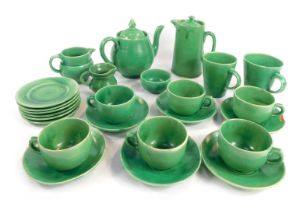 A C H Brannam Ltd Barnstaple studio pottery part tea service, green glaze, to include teapot, hot wa