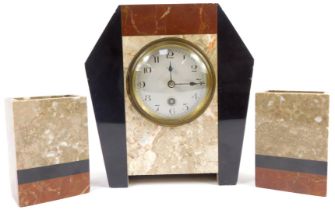 An Art Deco marble clock garniture, the clock of shaped form with silvered circular dial bearing Ara