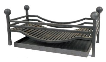 A large wrought iron fire basket or dog grate, and tray, 95cm wide, 42cm deep.