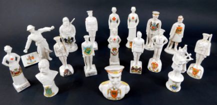 A collection of crested china World War One figures, to include a bust of Lord Kitchener, Nurse Cave