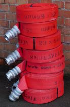 An assortment of Fire Brigade hoses, with attachments, (7)