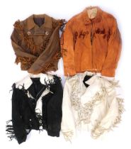 A group of leather fringed jackets, to include a black suede and white leather example, various size