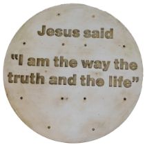 A sign or table top reverse router inscripted 'Jesus Said', 100cm diameter.