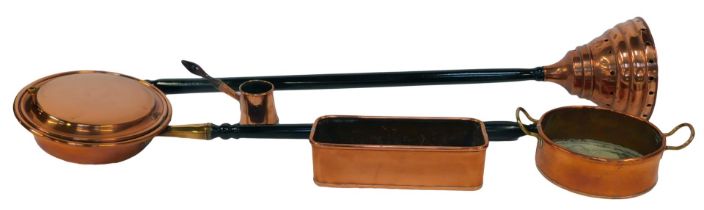 A group of copper ware, to include a rectangular planter, 30cm wide, warming pan, posher, etc. (a qu