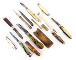 A small collections of penknives and propelling pencils, to include nine pocket penknives, three pro