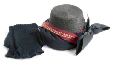 An early 20thC Salvation Army bonnet, with burgundy Salvation Army band and large bow, boxed, togeth