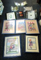 Various mirrored glass picture frames, embroideries, etc. (a quantity)