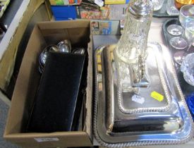 A silver plated tureen and cover, together with a cut glass sugar caster, Walker and Hall flatware,