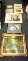 Various pictures, prints, etc., to include Sheila Fairman, study of boats on rocky waters, watercolo