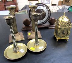 A Metamec mantel clock, together with a brass lantern clock and two pairs of brass candlesticks.