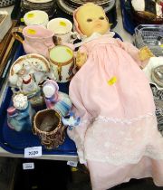 A group of commemorative wares, together with a doll, worked linen, collectors plates, jewellery cas