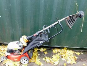 A Cobra petrol lawn mower, together with a JCB petrol strimmer. (2)