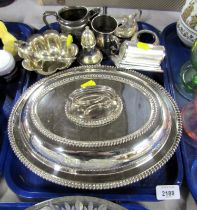 A group of plated wares, to include tureen and cover, pepper pot, desk calendar, etc. (1 tray)