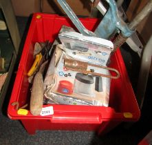 Various tools, to include blow lamp, hoe, chalk line, Black and Decker press. (1 box)