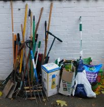 Various garden tools, together with Westland Lawn Feed, hanging baskets, etc. (a quantity)