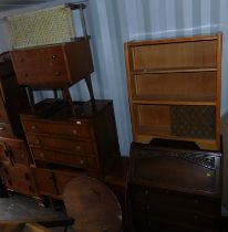 A group of furniture, to include an oak bureau, dressing table, two drawer side table, stool, etc. (