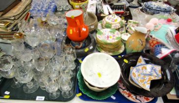 Various drinking glasses, together with stoneware jelly moulds, leaf moulded dish, copper lustre jug