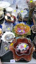 A group of carnival glass, to include purple glass dish, vase, frosted glass candle holders, plated