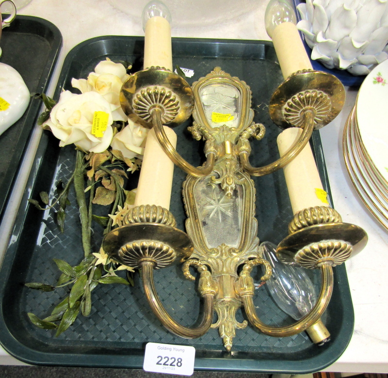 A pair of cast brass two branch wall lights, each inset with a mirrored panel, 27cm high, etc. (1 tr