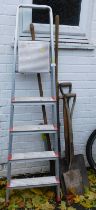 An A frame step ladder, various shovels, etc. (a quantity)