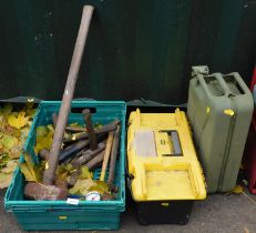 An oil can, together with various tools, hammers, foot pump, Stanley tool chest, etc. (a quantity)